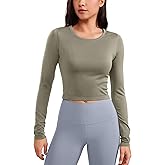 CRZ YOGA Seamless Ribbed Double Lined Long Sleeve Crop Tops for Women Crew Neck Athletic Workout Basic Cropped Fitted Shirts