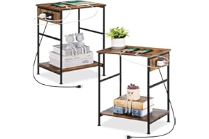 Nightstands Set of 2, End Table with Charging Station, 2 Tier Narrow Side Table with USB Ports and Power Outlets, Bedside Sma