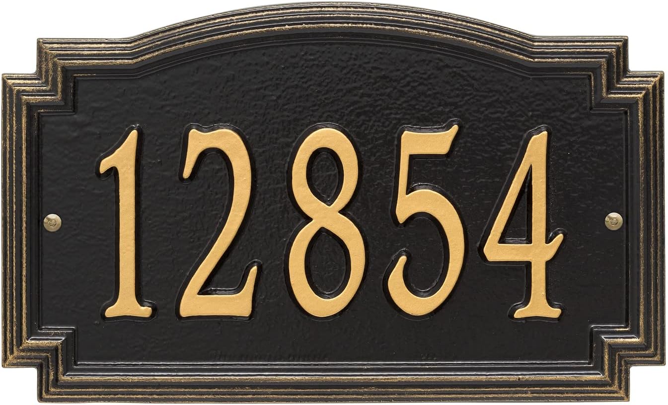Address Signs - Whitehall Barcelos Personalized Cast Metal Address Plaque Custom House Number Sign 3343BG with One Line in Black and Gold Color 14 X 8.5