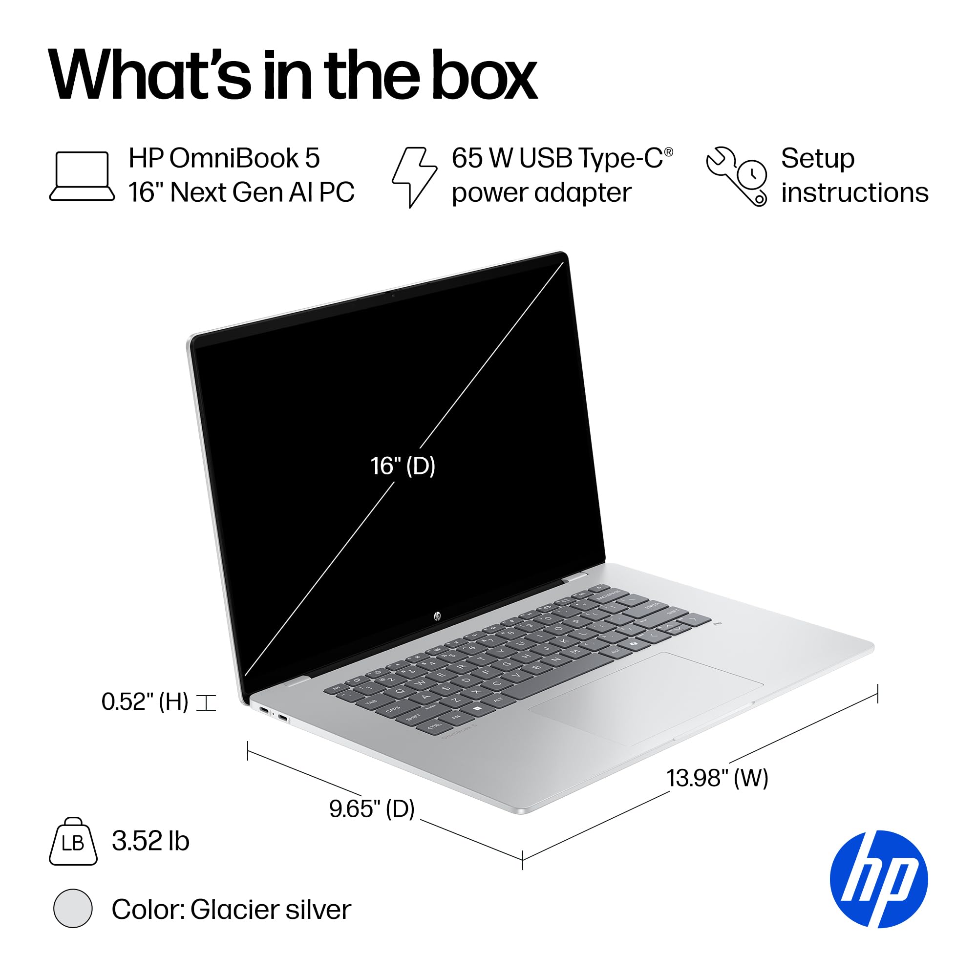 HP OmniBook 5 16 inch Next Gen AI PC, 2K Touchscreen, Snapdragon X Plus X1P-42-100, 16 GB RAM, 512 GB SSD, Qualcomm Adreno GPU, Windows 11 Home, Copilot+ PC, Glacier Silver, 16-fb0000nr