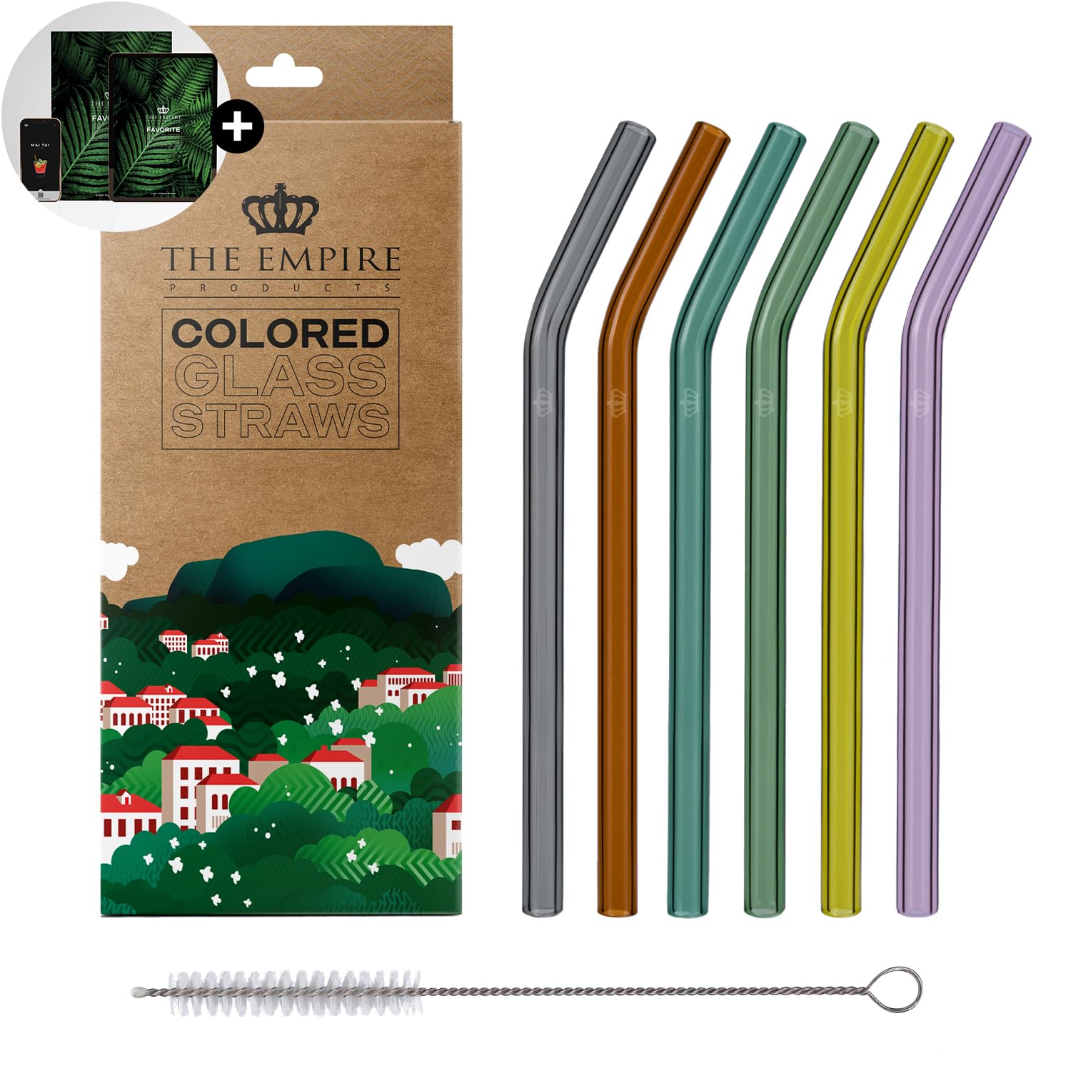 The Empire Products Glass Straws, Set of 6 Reusable Premium Borosilicate Glass Drinking Straws with Cleaning Brush, 23 cm Long, 8 mm Diameter