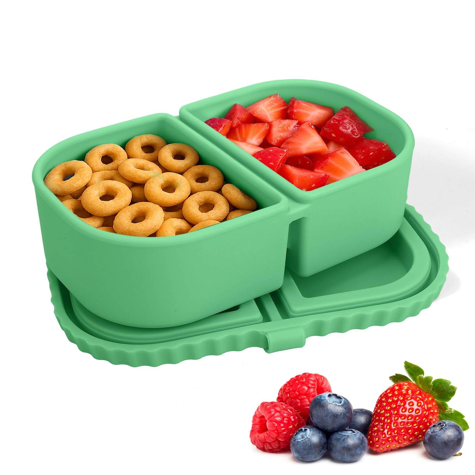 Photo 1 of AIERSA Silicone Snack Containers with Lids, Reusable Snack Packs 2 Compartments, Small Mini Food Snack Box for Travel, Dishwasher Safe Snack Box -Green