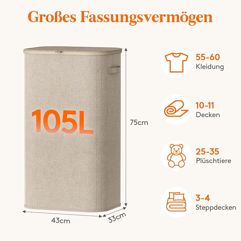 105L Wäschekorb mit Deckel, faltbarer Wäschesammler, Beige
