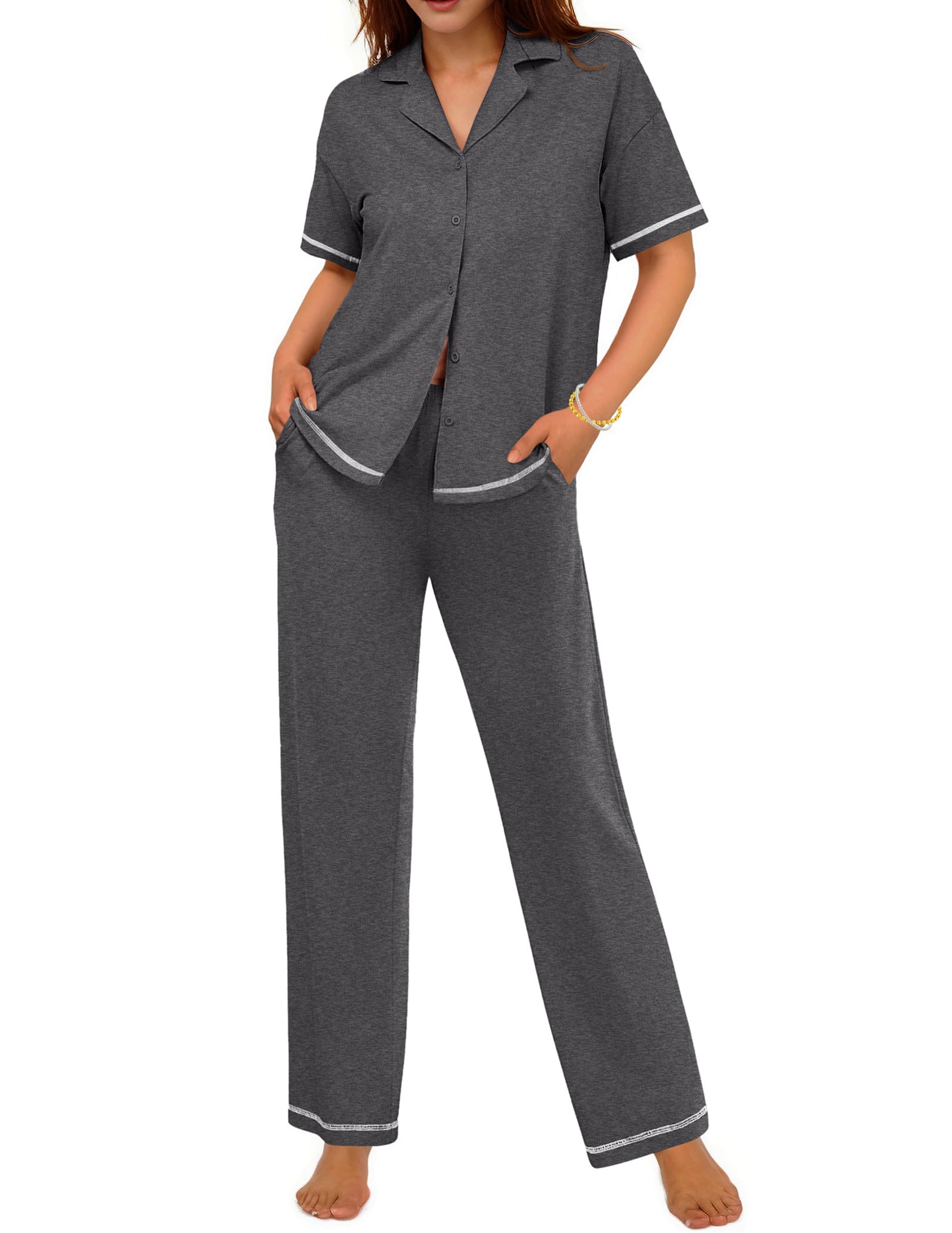 Photo 1 of PANTS ONLY !!!!!!!!!!!!!!!!!!!!!!!!!!!!!!!!!!!!!!!!!!!!!!!!---------------------------------------------------Ekouaer Cotton Pajamas Sets for Women 2 Piece Button Down Short Sleeve Pjs Set with Long Pants Lounge Set Soft Sleepwear(Dark Grey, M)