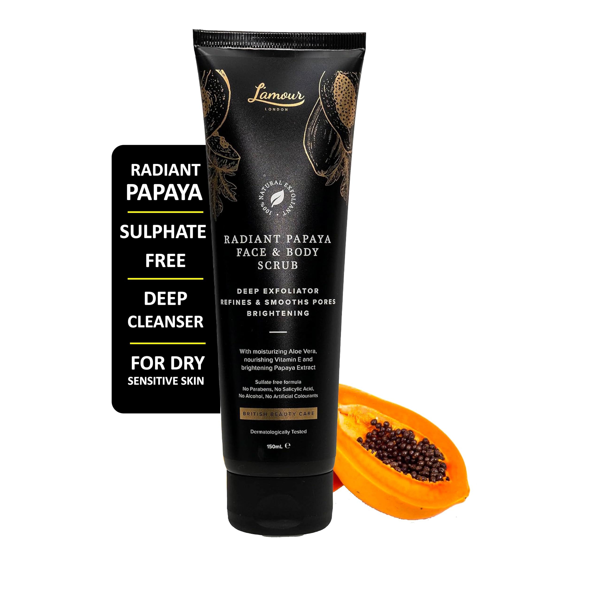 L'amour London Radiant Papaya Face & Body Polish scrub Vegan Paraben & Sulphate-Free Exfoliating Deep Cleanser 150ml Dry skin kind gentle barrier care