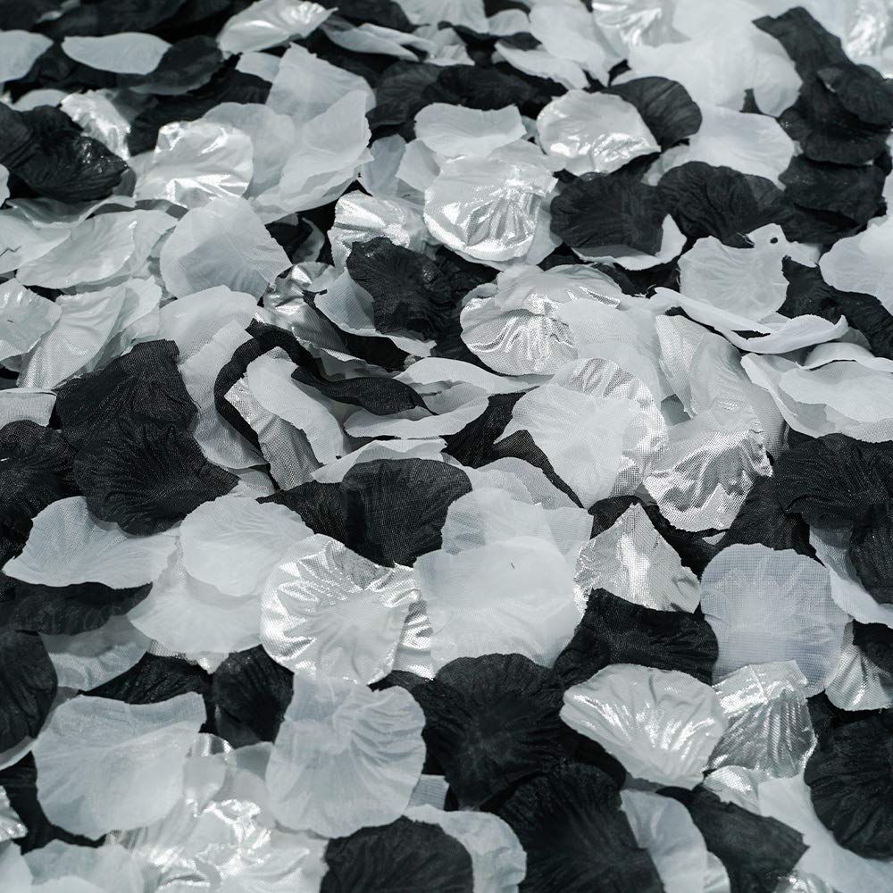 LUSSO LIA Silk Flower Petals Tuxedo Mix Artificial Rose Petals Wedding Confetti Party Decoration Scatter Floral 1200 Pieces (Black, White, Sliver)