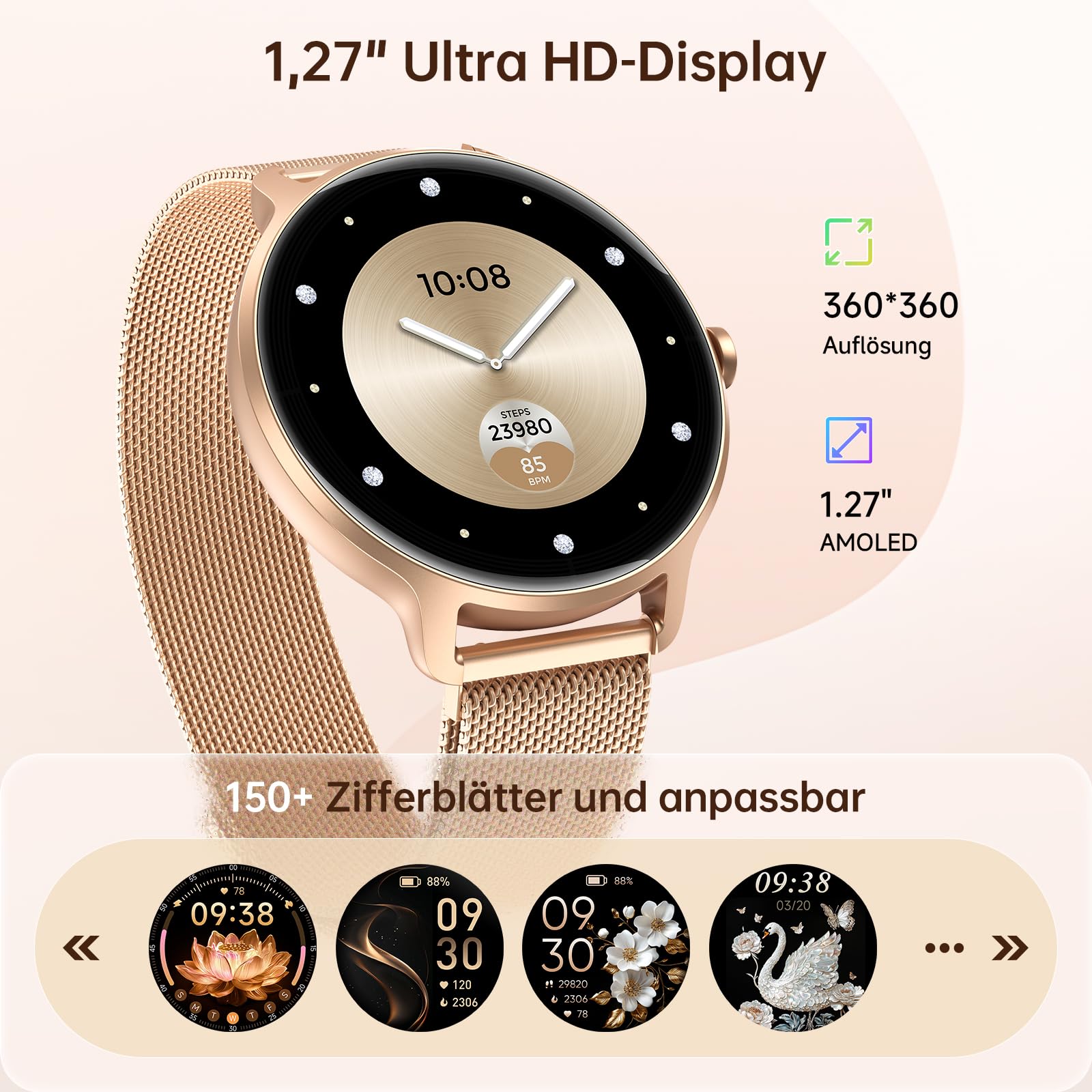 Smartwatch Damen Rund, 1.27" AMOLED Smart Watch mit Telefonfunktion, Fitnessuhr mit Pulsuhr Schlafmonitor Schrittzähler, 120+ Sportmodi Sportuhr IP68 Wasserdicht, Uhren Damen für Samsung iOS Android 5