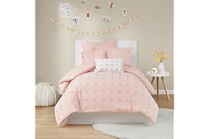 Urban Habitat Duvet Set 100% Cotton Jacquard, Tufts Accent, Shabby Chic All Season Cover for Comforter, Matching Shams, Decorative Pillows, Twin/Twin XL (68 in x 92 in), Pink 5 Piece