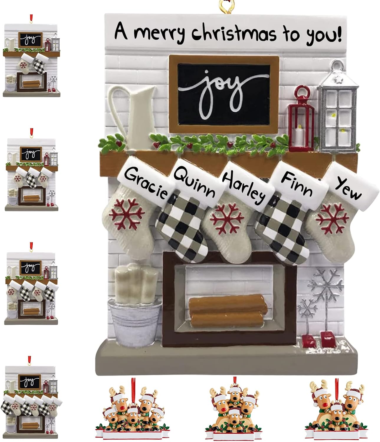 Ornaments - Personalized Christmas Ornaments 2023 Fireplace Mantle Family of 2/3/4/5/6 Custom Joy Family Members' Name for Xmas Tree Decorations Customized New Year Keepsake Family Ornament（Family of 5）