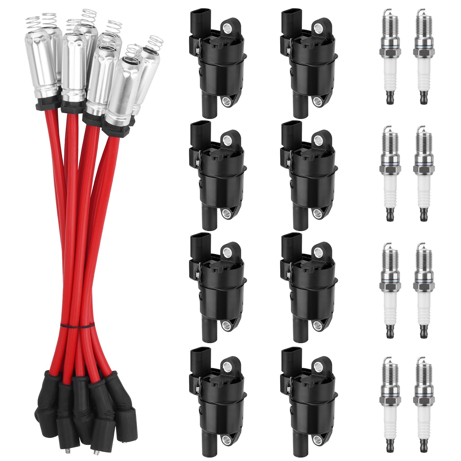 Photo 1 of 8Pcs UF414 Round Ignition Coils with 10.4mm Silicone Spark Plug Wires Set & 41-110 Iridium Spark Plugs Compatible with Chevy Silverado Suburban Tahoe, GMC Sierra Yukon, Cadillac, Buick 4.8L 5.3L 6.0L