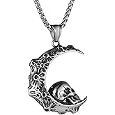 HZMAN Mens Women Gothic Retro Moon Crescent Skull Stainless Steel Pendant Necklace 22+2 Inch Chain