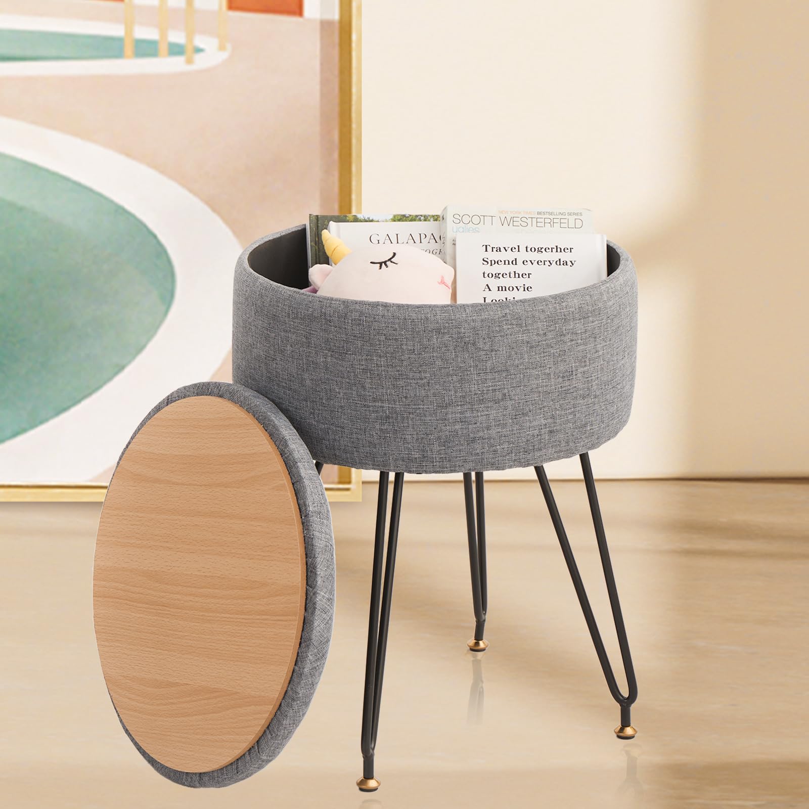 Photo 1 of ALeesing Vanity Stool with Storage Ottoman, Linen Vanity Chair for Makeup Room, Round Footrest Footstools with 4 Metal Legs & Adjustable Footings for Living Room Bedroom Entryway, Grey