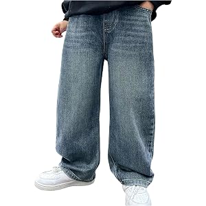 SHENHE Boy's Baggy Skater Jeans Wide Leg Loose Fit Streetwear Denim Trousers with Pockets