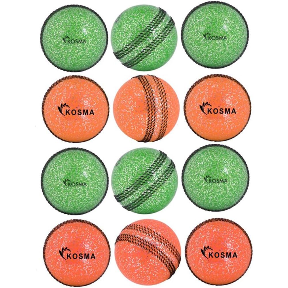 Kosma Pack of 12 Pc Cricket Windball with Center Stitching Coaching Grip Marks for Correct Finger Position When Bowling, Glitter Balls – 6 Pc Each of Green with Black seam and Orange with Black seam