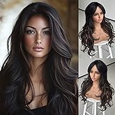 Jolelyne Highlight Honey Brown Layered Wavy Wig With Curtain Bangs for black Women Synthetic Black Mixd Blonde Highlight Wig Long Curly Natural Body Wave for Daily Party Use 24inch