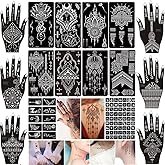 XMASIR 16 Sheets Henna Tattoo Kit, 79Pcs Reusable Henna Stencil, Mehndi Stencils for Hands Airbrush Indian Arabian Temporary 