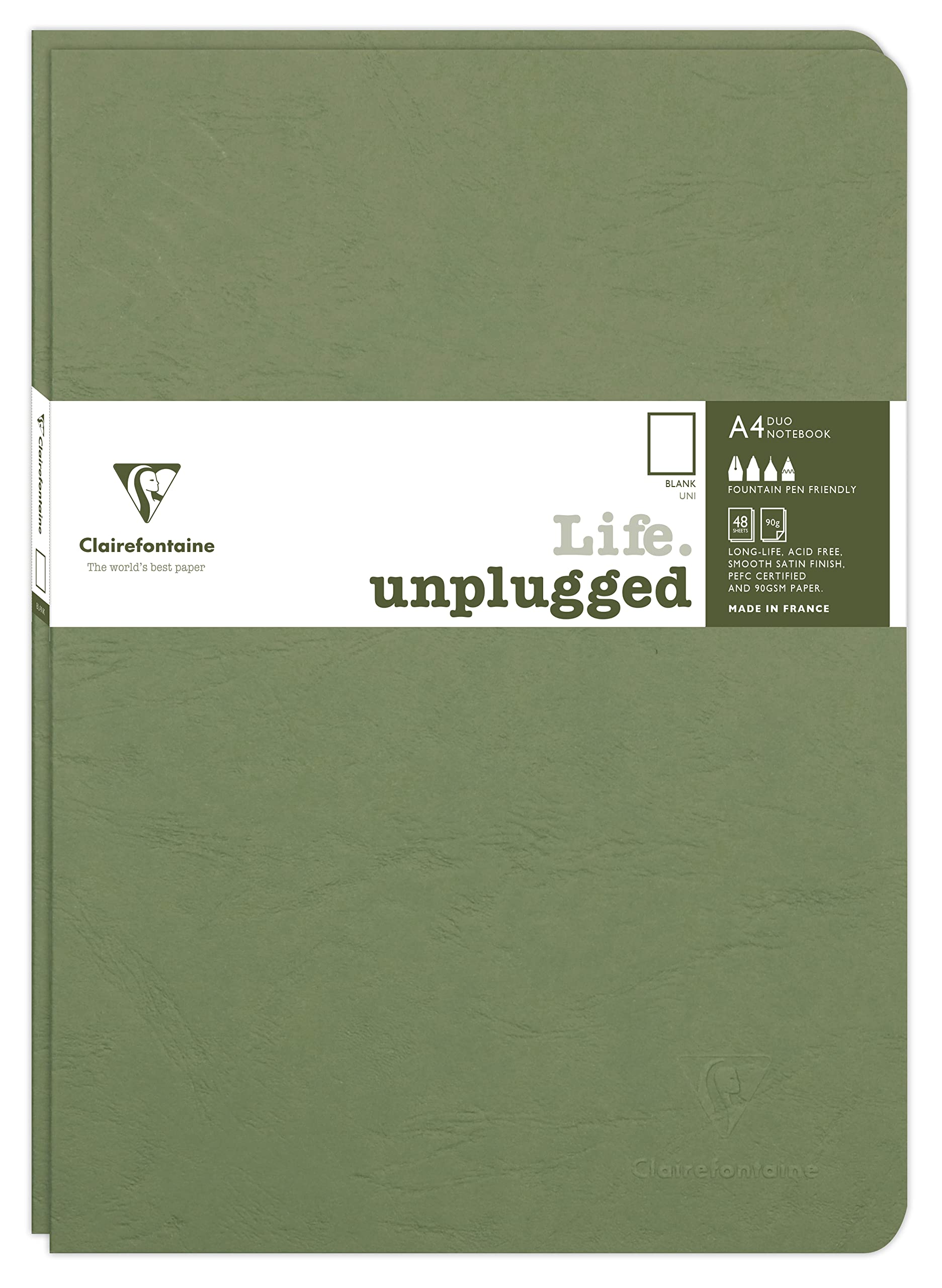 Clairefontaine 733083C Age Bag Collection Set of 2 Green Duo Stapled Notebooks - A4 21x29.7cm - 96 Plain White Pages - 90 gsm Paper - Leather Grain Card Cover