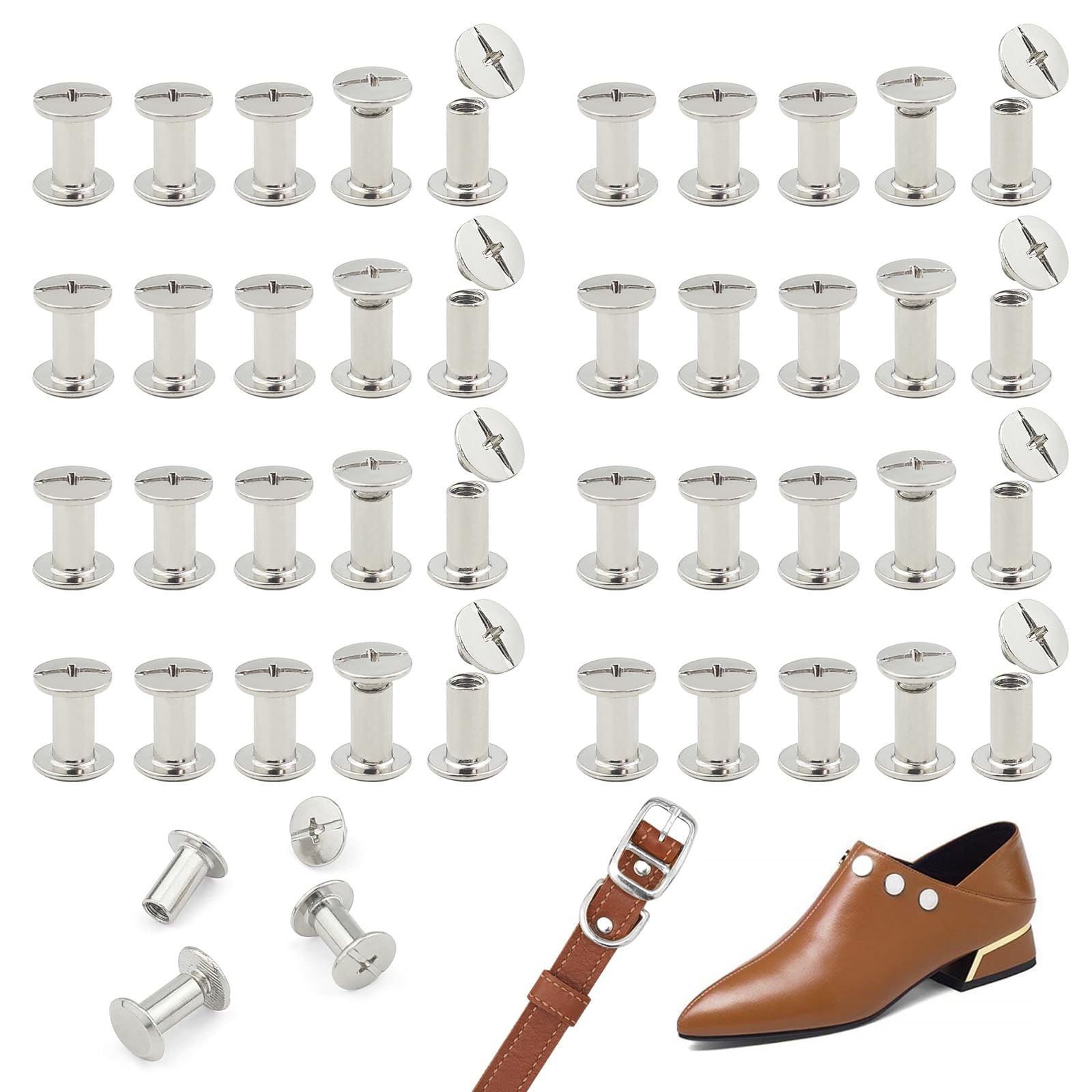 JJWNMLL 80 Sets Chicago Screw Posts M5*10mm, Rivet Chicago Binding Screws, Metal Rivet Replacement Repair for Bags, Collar, Harness, Luggage, Purse, Dog Lead, Backpack, Belt - Silvery