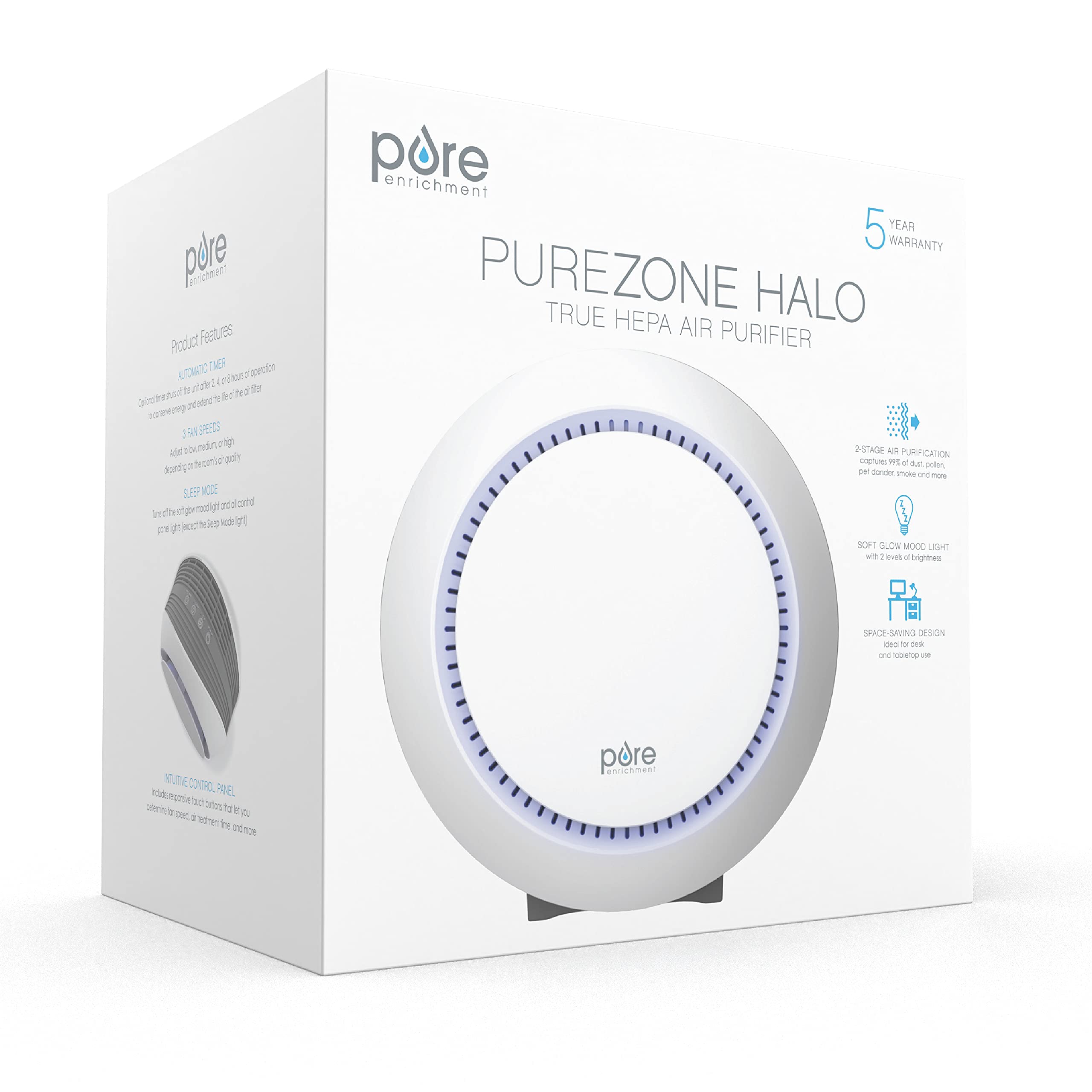 Pure Enrichment PureZone Halo Medium Room Air Purifier, 2 Stage Filtration, Purifies Air of Smoke, Pollen, Dust, and Pet Hair - Easily Fits on Tables, Desks, and Nightstands (White)