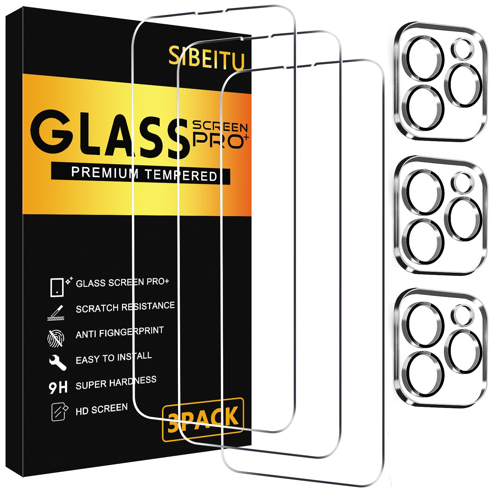Photo 1 of SIBEITU 3 Pack Screen Protector for iPhone 13 Pro with 3 Pack Camera Lens Tempered Glass Protector, 6.1 Inch HD Clear Glass Film 9H Hardness Full Coverage, Scratch Resistent, No Air Bubbles