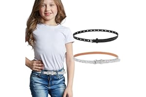 Amaxiu 2 Pack Thin Belt for Girls, Girl's Glitter Belt Cute Shiny PU Leather Belt Adjustable Waist Belt for Jeans Dress