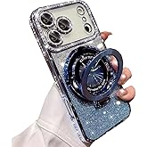 Changjia Magnetic Kickstand Glitter Case for iPhone 17 Pro, [Compatible with Magsafe] Cute Luxury Bling Sparkly Diamond Rhinestones with Camera Lens Protector Women Girls Case for iPhone 17 Pro, Blue