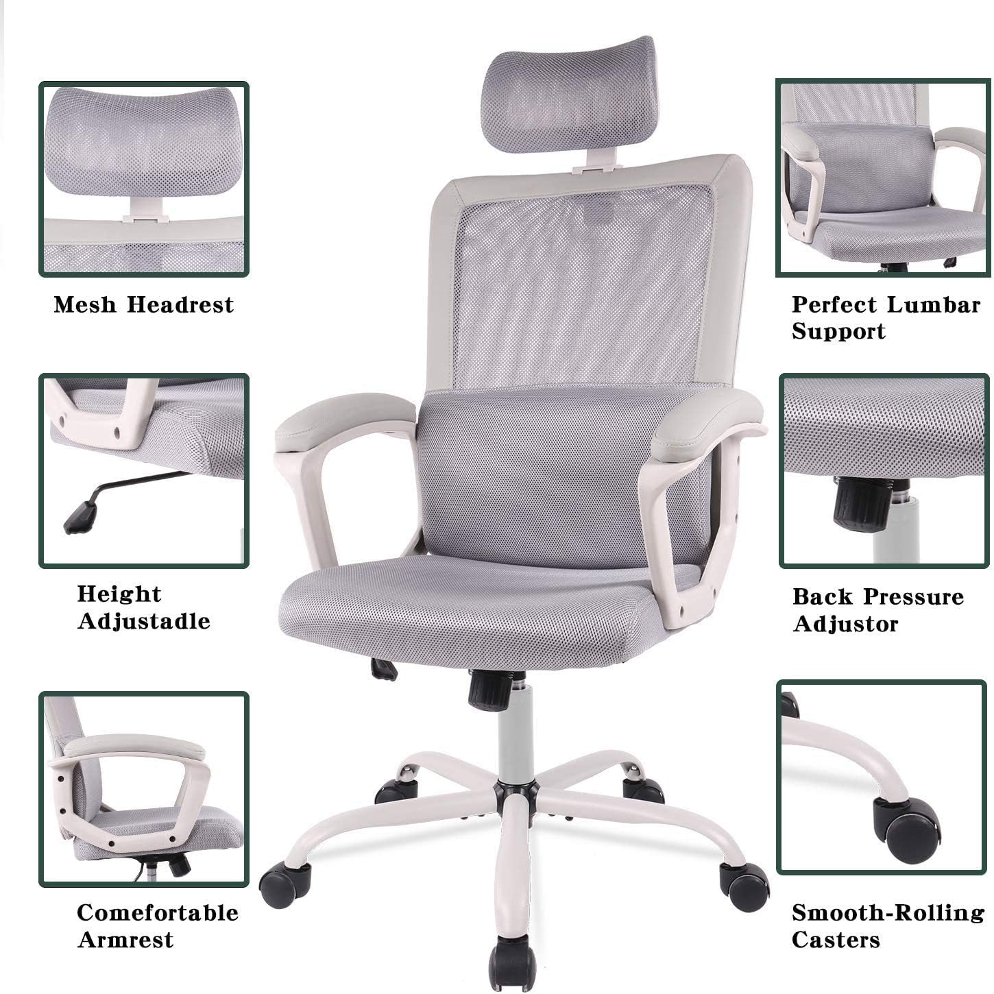 SMUGDESK Office Chair Ergonomic Lumbar Support/Adjustable Headrest/Armrest and Wheels/Mesh High Back/Swivel Rolling, Grey: Furniture & Decor