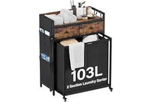 SAKSUN Laundry Hamper Basket 2 Section: Rolling Laundry Basket Organizer with Wheels for Room Organization and Storage Sorters - Clothes Hamper with Shelf & Oxford Fabric Drawers & Bags