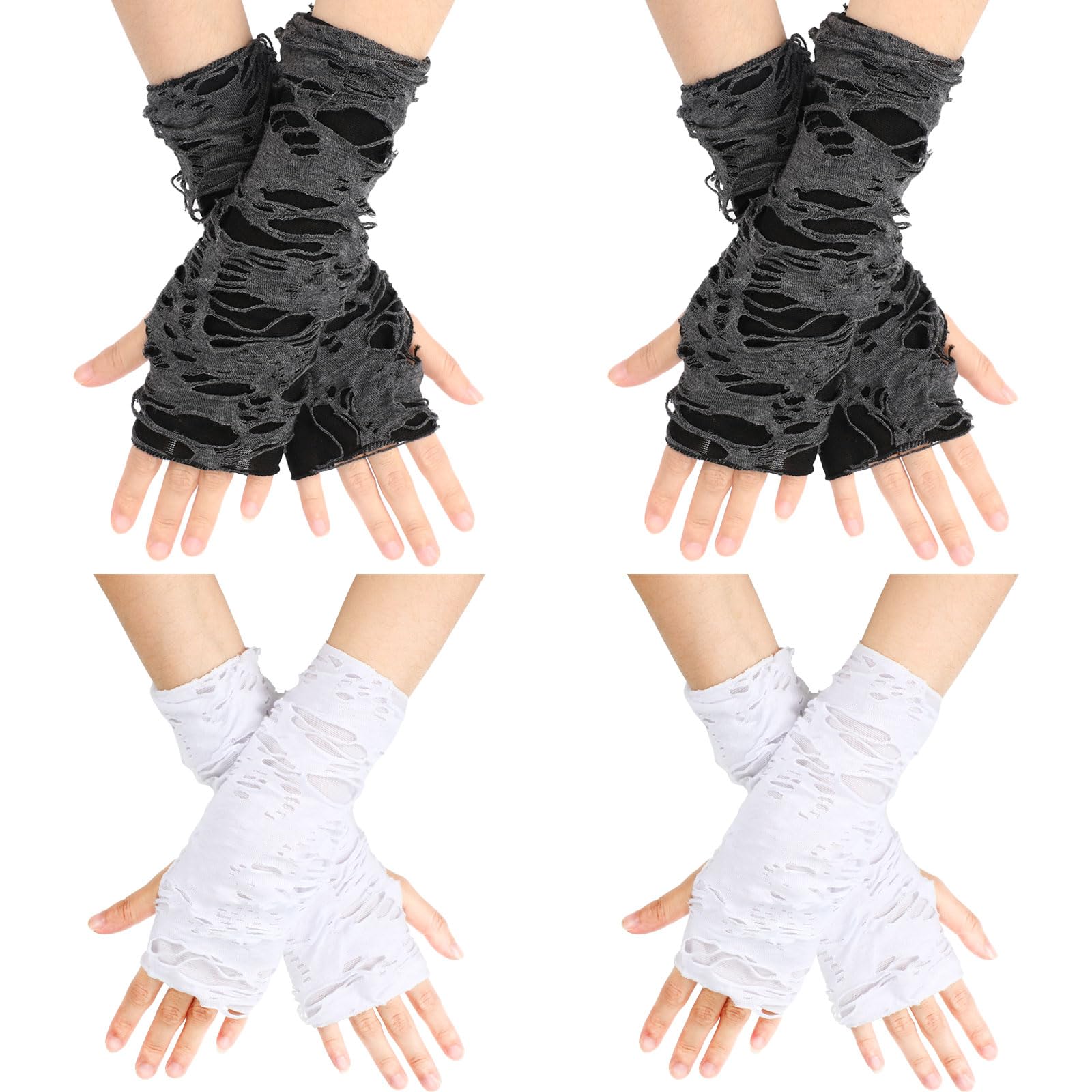 TAGVO Punk Fingerless Glove Halloween Womens, 4PCS Black Gothic Ripped Cosplay Gloves for Costume, Half Finger Beggar Ripped Gloves, Performance Gloves Gothic Fancy Dress Halloween Accessories