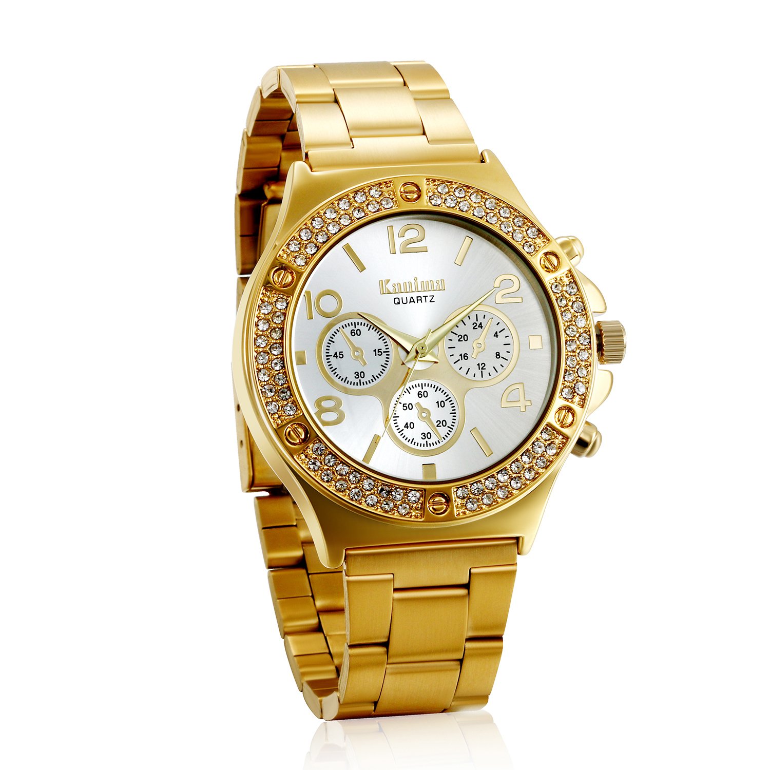 JewelryWe Men Women Bling Watches Gold Tone Stainless Steel Band Wrist Watch