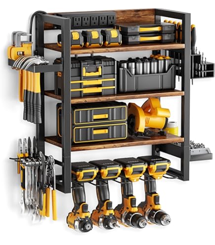 thumbnail image 2 of Power Tool Organizer Wall Mount – 3-Layer Rack With 4 Drill Slots, Hooks & Screwdriver Holder – Heavy Duty 80 Lb Capacity, Yellow, For Garage & Workshop 2 of 14