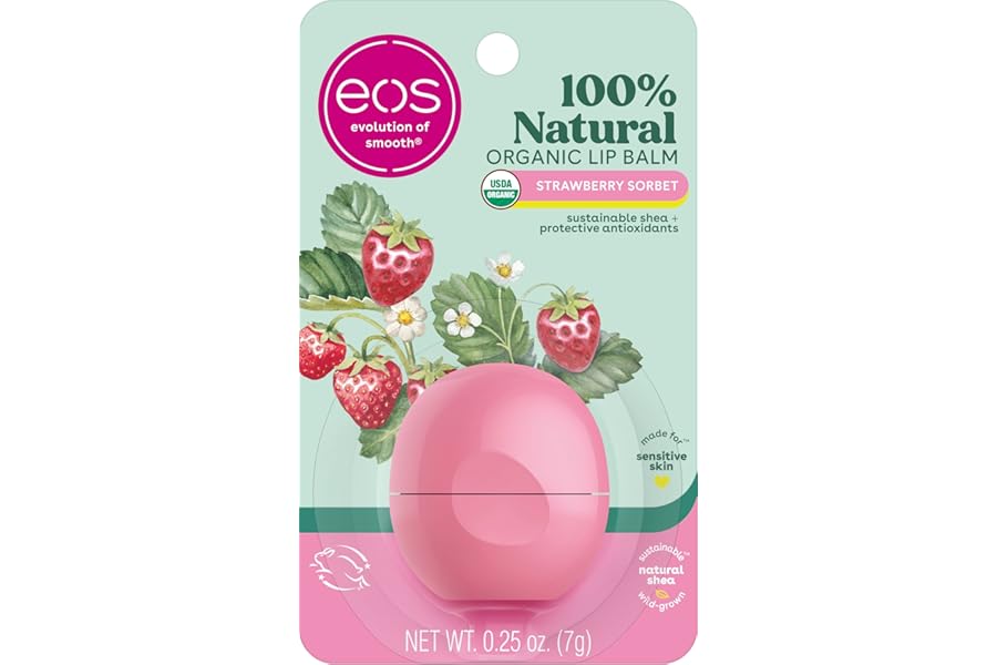 eos 100% Natural & Organic Lip Balm- Strawberry Sorbet, All-Day Moisture, Dermatologist Recommended for Sensitive Skin, Lip Care Products, 0.25 oz