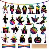 48 PCS Halloween Scratch Art Crafts for Kids, Party Hanging Ornaments Kit | Halloween Rainbow Scratch Ornaments, 24 Designs with Colorful Hanging Ribbons and Bamboo Styluses, Double-Sided DIY Craft Kit