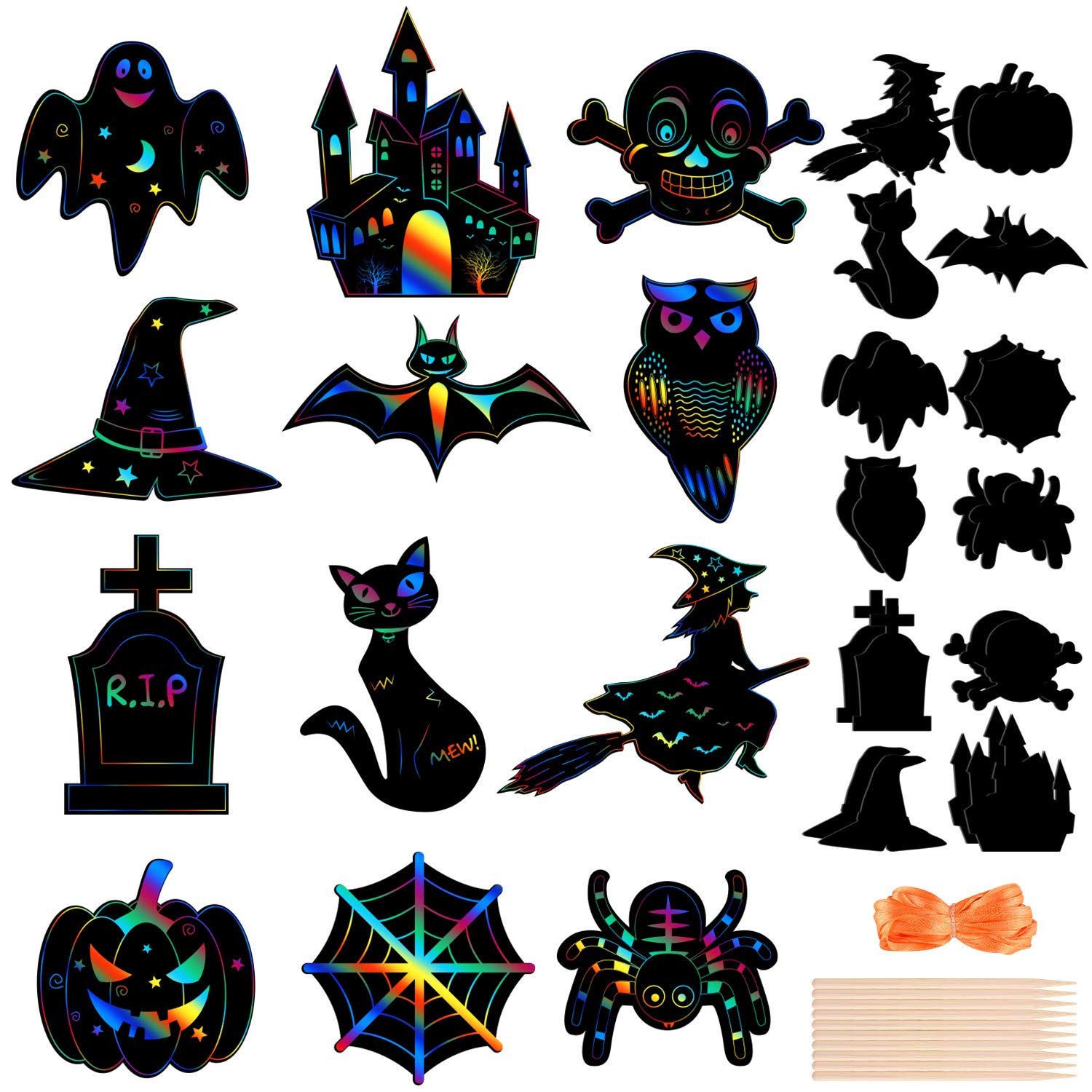 CHRORINE 24Pcs Halloween Theme Scratch Paper Kit 12 Styles Scratch Art Paper Pumpkin Bat Craft for Halloween Party Supplies