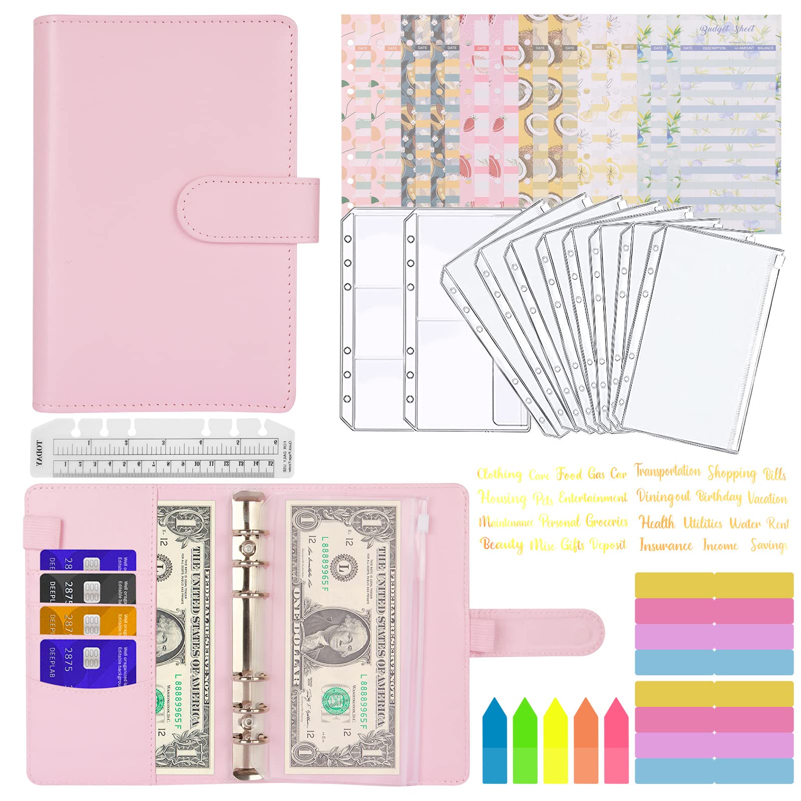 MARICATO Budget Envelope, A6 Budget Binder, 6 Rings, French Budget Binder with Zip Pockets, Budget Sheets, Labels, Category Stickers, Card Storage, Ruler, Pink