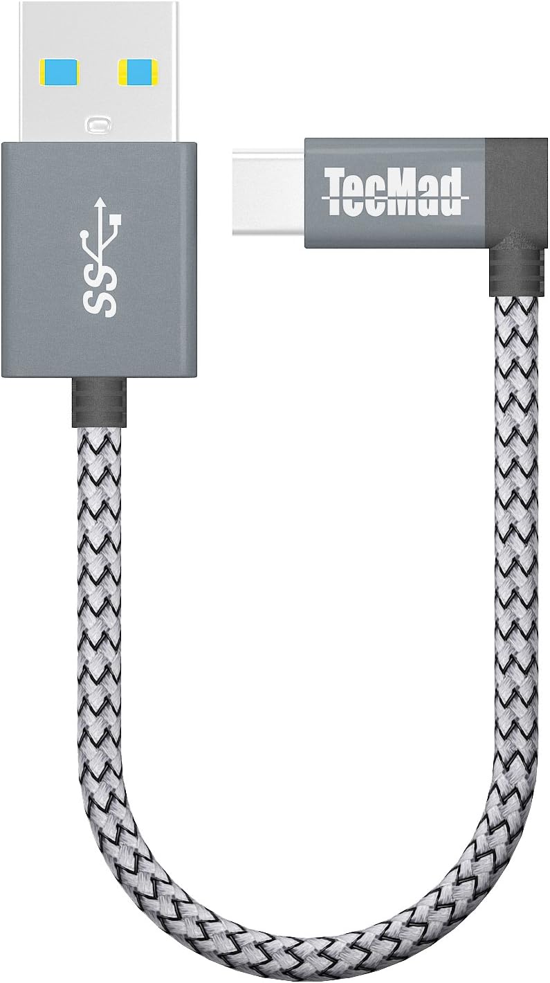 USB a to USB c Cable TecMad 90 Degree Plug Nylon Braided Type C to USB 3.0 Cable for New MacBook,Nexus 5X,Samsung s9 s8 Note 9,LG V30 V20 G6 G5,Hero 6/5,DJI Mavic Pro Drone and More-0.8ft/0.25m Grey