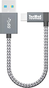 USB a to USB c Cable TecMad 90 Degree Plug Nylon Braided Type C to USB 3.0 Cable for New MacBook,Nexus 5X,Samsung s9 s8 Note 9,LG V30 V20 G6 G5,Hero 6/5,DJI Mavic Pro Drone and More-0.8ft/0.25m Grey