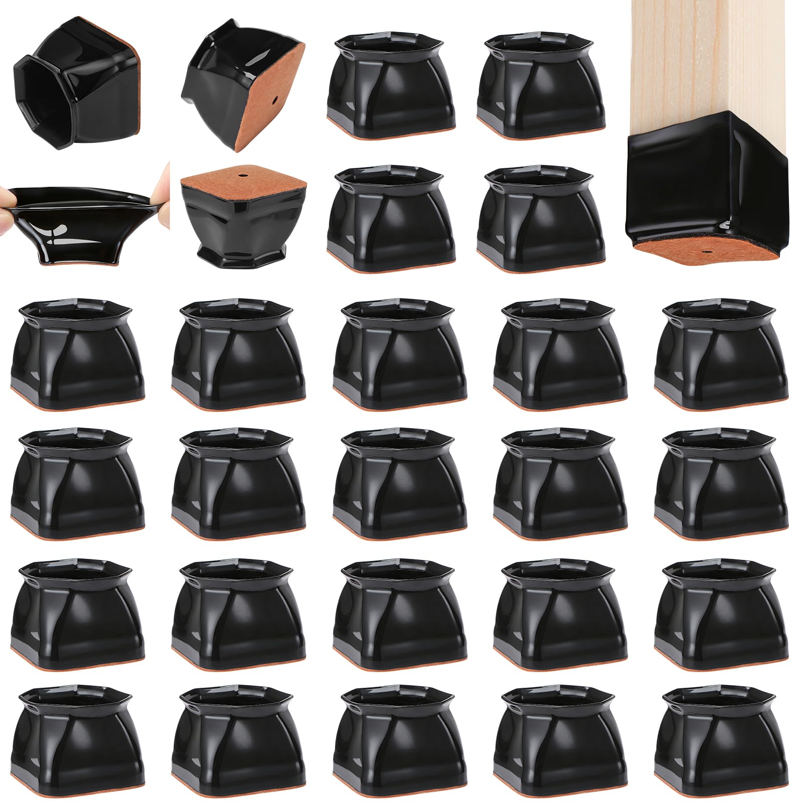 CHUNZEXI 24 Pack Square Chair Leg Floor Protectors for Hardwood Floors, Silicone Felt Covers Pads Caps, Protect Wood Furniture Feet Floors Noise Reduce and Scratch (Square X-Lager & Black) Image
