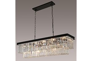 Weesalife Crystal Chandeliers for Dining Room Light Fixtures Over Table，15-Lights Black Modern Rectangle Chandeliers for Kitchen Island Bar L40 Inch