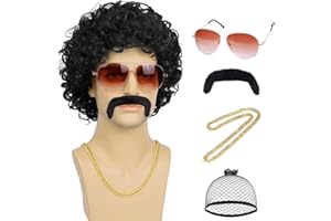 Wallden Hair 70s 80s Mens Disco Wig 5pcs set (Glasses+ Golden Chain+ Mustache+ Wig Cap) Short Afro Curly Wigs For Retro Disco Outfit Men Party Hippies Rocker Cosplay Costume Halloween（Black）
