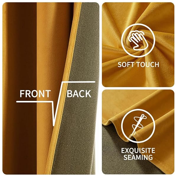 EMEMA VELVET BLACKOUT CURTAINS 96 INCHES LONG, SUPER SOFT LUXURY THERMAL INSULATED CURTAINS FOR BEDROOM, GROMMET SOUNDPROOF ELEGANT WINDOW DRAPES FOR LIVING ROOM W52 X L96 2 PANELS MUSTARD YELLOW