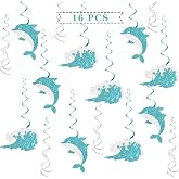 Dolphin Hanging Swirl Decorations - Glitter 16 Pcs Ocean World Party Supplies - Navigation Sign Streamers - Sea Baby Shower Party Foil Swirls Ceiling Decorations