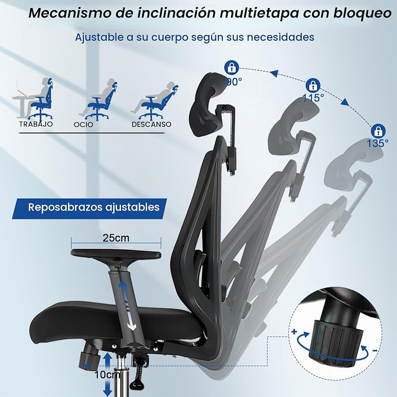 Silla de Oficina Ergonómica, Silla de Escritorio con 3 Niveles de Inclinación, Reposacabezas Ajustable, Respaldo Lumbar y Respaldo de Brazos, Silla Ejecutiva Resistente hasta 150 kg, Silla