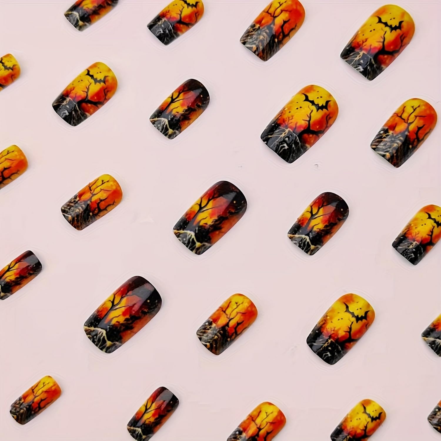 24 Pcs Halloween Press On Nails - Short Square Glossy False Nails with Bats Design, Full Cover Terror Reusable Acrylic Nails for Women's Manicure Decoration - Image 2