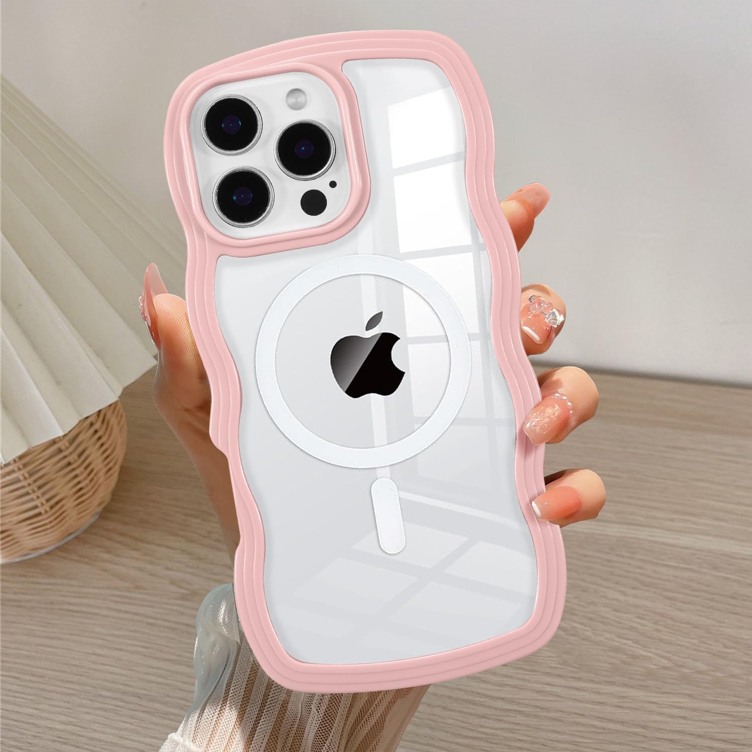 QLTYPRI Magnetic for iPhone 16 Pro Case Compatible with Magsafe, Cute Curly Wave Frame Clear Case for Girls Women, Transparent TPU Bumper Shockproof Protective Phone Case Cover for iPhone 16 Pro-Pink