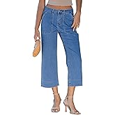 Vetinee Capri Jeans for Women Wide Leg High Waisted Trendy Summer Patch Pocket Cropped Loose Straight Leg Capris Pants