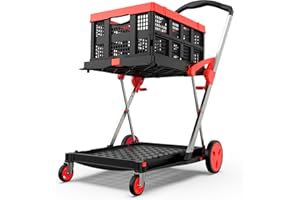 TOLRET Folding Shopping Cart, 200 lbs Capacity Grocery Cart on Wheels Foldable, Multi-Functional Dolly Cart Collapsible Cart, Platform Hand Truck with Foot Brake, Utility Cart with Storage Crate