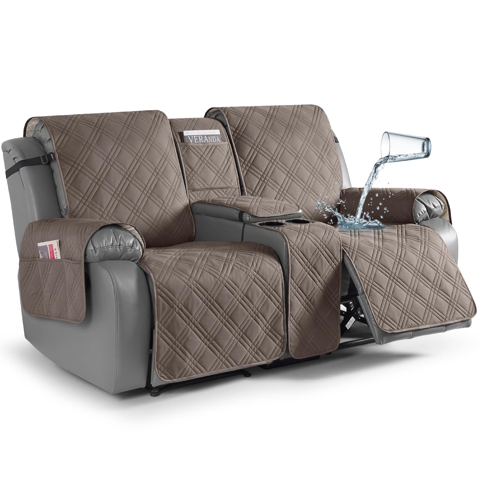 Photo 1 of TAOCOCO Waterproof Loveseat Recliner Cover with Console, Non-Slip Reclining Loveseat with Console Cover with Pocket, Split Recliner Sofa Covers Furniture Protector for Pets Dogs(2 Seater, Taupe)