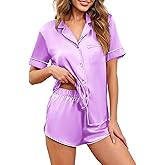 Ekouaer Womens Silk Satin Pajamas Set Short Sleeve Sleepwear Button Down Loungewear 2 Piece Pjs Shorts Set S-5X Plus Size