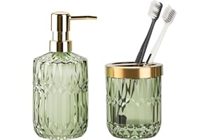 Glass Bathroom Accessories Set, 2PCS Clear Glass Bathroom Accessory, Toothbrush Holder and Soap Dispenser Set for Modern Bath